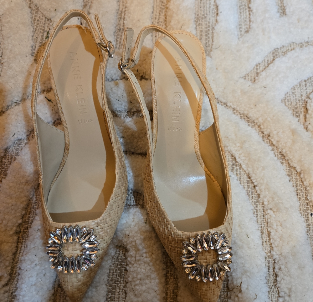Anne Klein Tan Woven Slingback Heels with Crystal Buckle